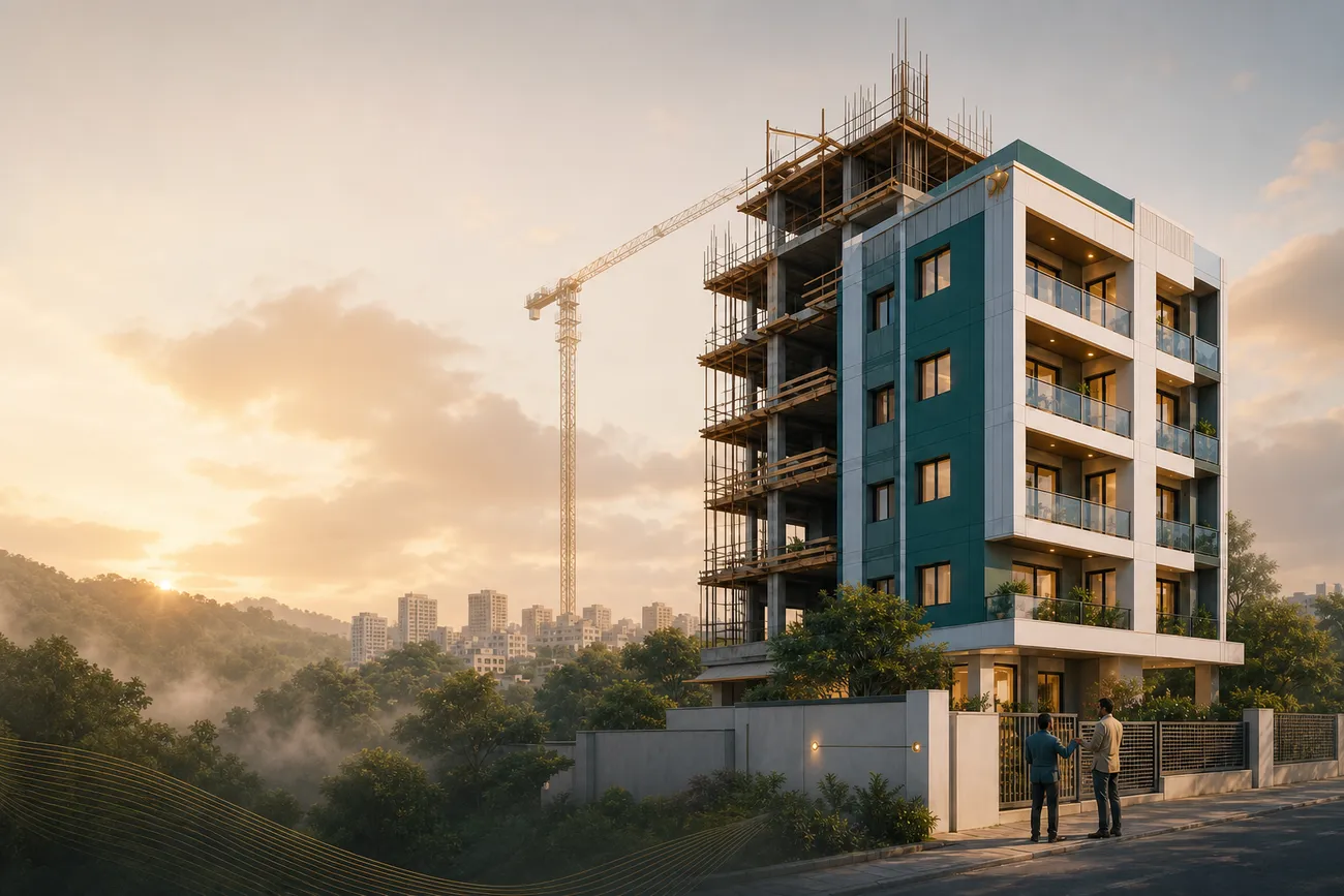 Skyline Residency rental building under construction in Bengaluru with live ledger overlays