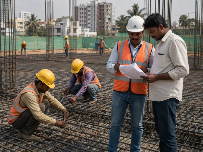 Workers tying TMT reinforcement steel